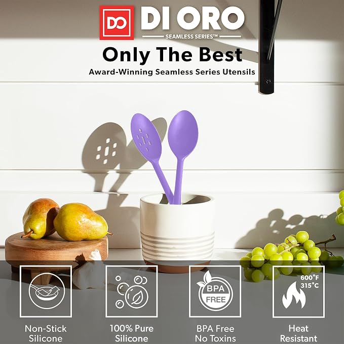 DI ORO Silicone Cooking Spoons - Solid & Slotted Set, 2-Pc Lavender | Large heads for mixing, serving, and stirring; Heat-resistant to 600F for nonstick cookware; BPA-free and dishwasher safe