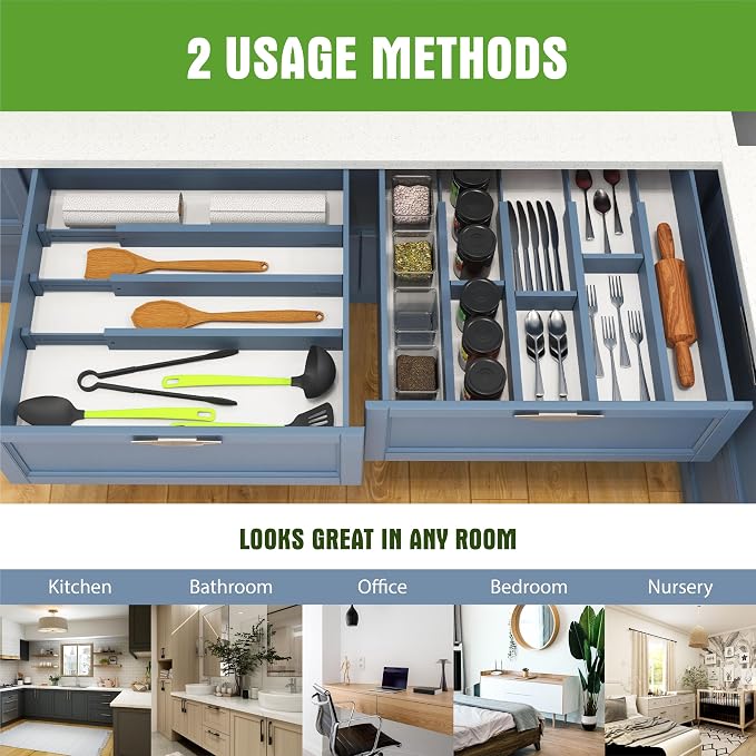 Bamboo Drawer Dividers, Expandable Drawer Separators Splitter,17-22 inches Long Adjustable Spring-loaded Organizer for Large Utensil, Clothes, Tools Drawers (Blue)