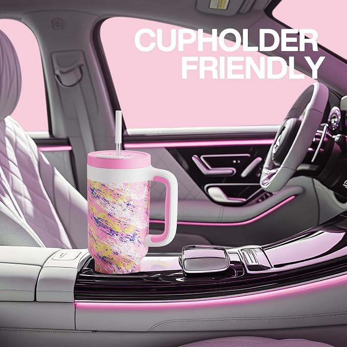 POWCAN 40 oz Tumbler with Handle, 2-in-1 Straw and Sip Lid, Leakproof, Dishwasher Safe, Insulated Stainless Steel Travel Coffee Mug, Keeps Cold for 34 Hours, Fits in Car Cup Holder (Pink Ladies)