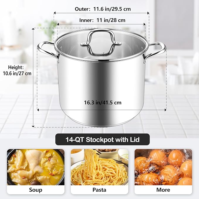 Homikit Large Stock Pot 14 Quart, Stainless Steel Chicken Soup Pot with Lid for Canning Steaming Stewing, Tri-ply Heavy Bottom Cooking Boiling Pasta Induction Stockpot, Dishwasher Safe