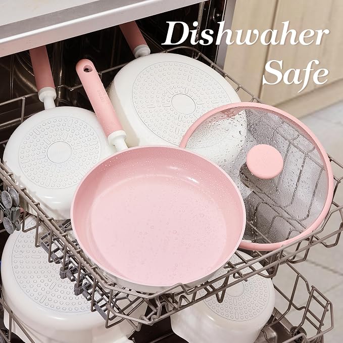 CAROTE 11 Inch Nonstick Deep Frying Pan with Lid, 5 Qt Chef Saute Pan with Pour Spout, Skillet Induction Cookware, Non Stick Cooking Pan Kitchen Pan, Healthy & PFOA/PFAS Free, Includes Spatula, Pink