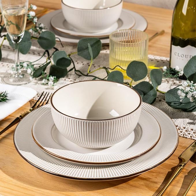 GBHOME Ceramic Dinnerware Sets of 8,24 pcs Plates and Bowls Sets Dishes | Embossed Elegant Stoneware Dishes Set | Dishwasher & Microwave Safe | Service for 4