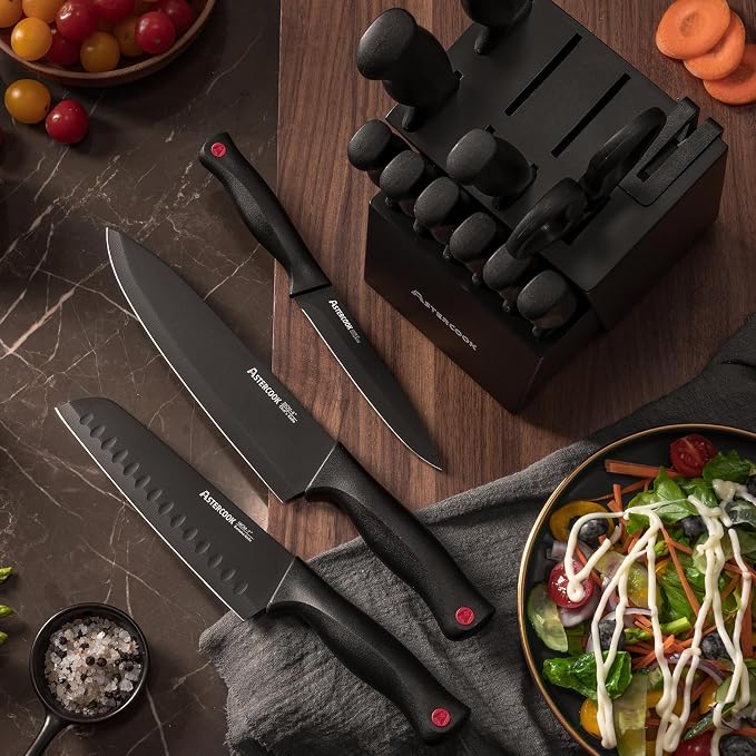 Astercook Knife Set for Kitchen with Block and Sharpener 15pcs German | Stainless Steel Kitchen Utensils Set Dishwasher Safe