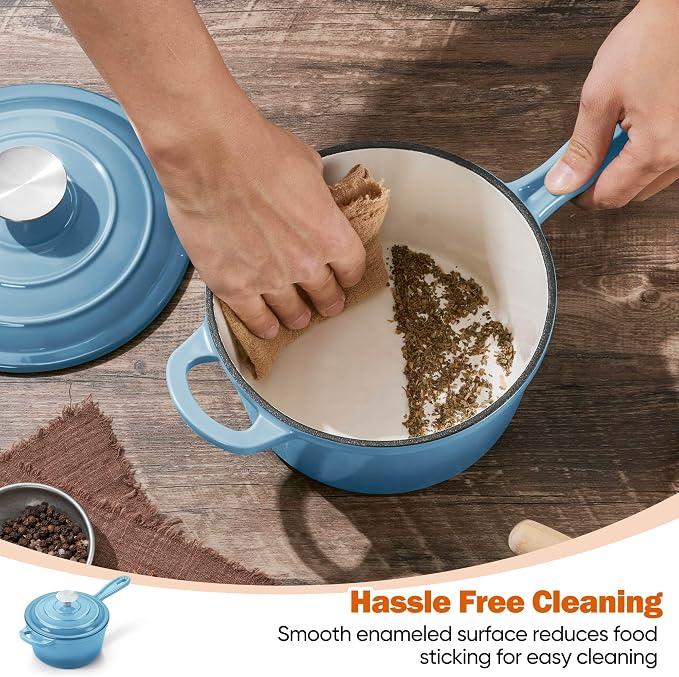 Homikit Small Cast Iron Pot, 2 QT Enameled Cast Iron Sauce Pan with Lid, Heavy Duty Enamel Dutch Oven Kitchen Cookware for Making Pasta, Boiling Soup, Warming Milk, Nonstick & Oven Safe, Sky Blue