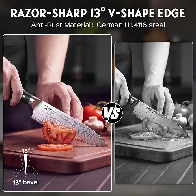 PAUDIN Knife Block Set with Built-in Sharpener, 10 PCS Dishwasher Safe German 1.4116 Steel Kitchen Knives Set, Razor Sharp Full Tang Chef Knife Set,Ergonomic G10 Handle,Gift for Women,Men,Housewarming