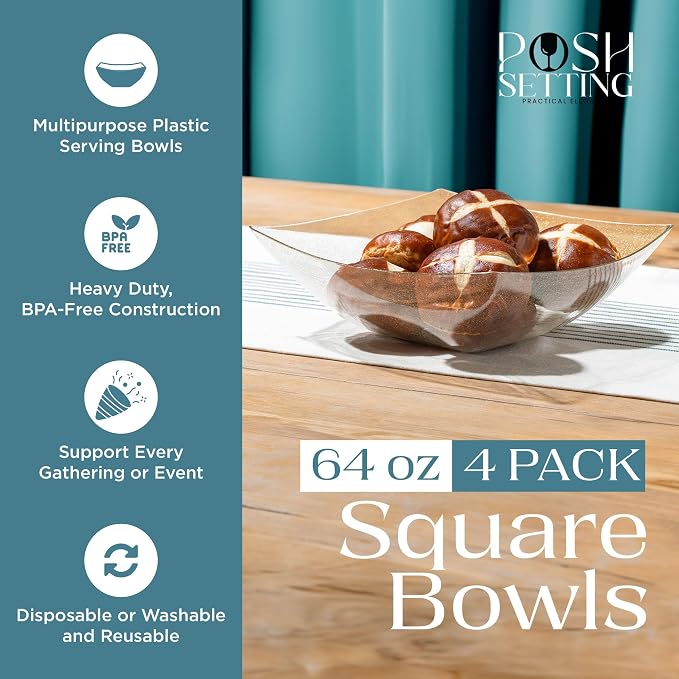 4 Pack Disposable Gold Plastic Serving Bowls Square Party Candy Use 64oz | Square Design. Disposable Party Tableware. Salad, Fruit & Candy Use. Candy Buffet Containers. Gold Plastic.