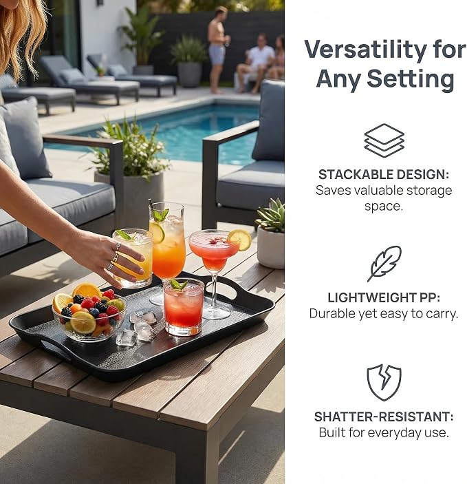 Cedilis 3 Pack Black Serving Trays with Handles,16 x 11IN Rectangular Non Skid Multi-Purpose Plastic OttomanTray for Restaurant, Parties, Coffee Table, Kitchen
