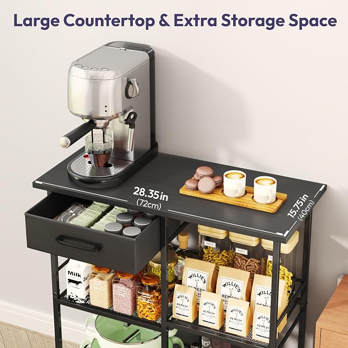 SWTYMIKI Bakers Rack with Storage - Coffee Bar Cabinet Organizer, Coffee Station for Kitchen Dining Room, Microwave Stand with Adjustable Feet, Black