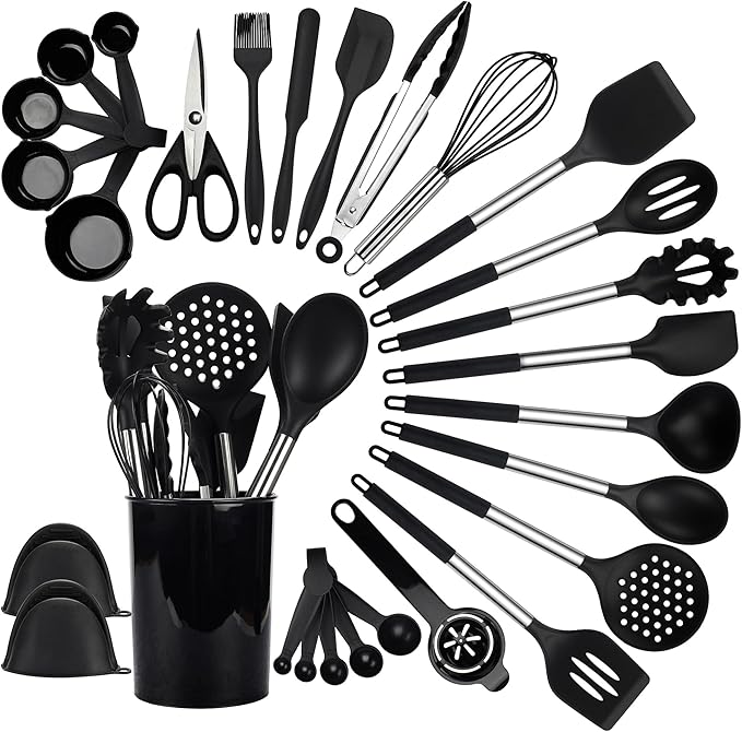 QMVESS Silicone Cooking Utensils Set, 28 Pcs Non-Stick Kitchen Utensils Set with Holder, 446°F Heat Resistant Spatula, Tongs, Spoons Set with Stainless Steel Handle Kitchen Gadgets (Black)