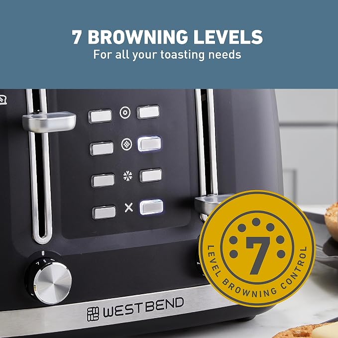 West Bend Toaster 4-Slice Extra-Wide and Deep Slots with 3 Functions and 7 Shade Settings Manual Toast Lift Lever Auto Shut-Off and Removable Crumb Tray, 1500-Watts, Black
