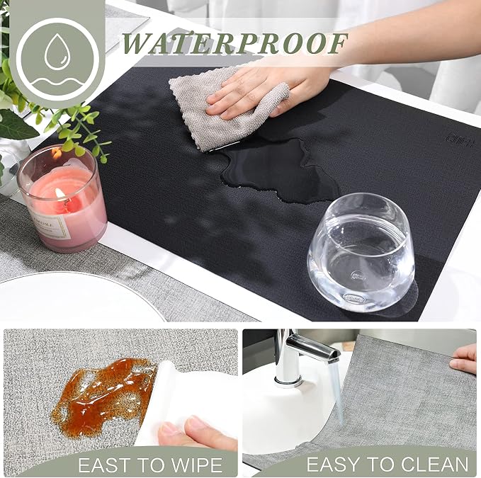 Leather Placemats Table Mats Set of 6, Black & Gray | Reversible Non-Slip Table Placemats, Heat-Resistant and Waterproof for Dining Kitchen and Holiday Parties