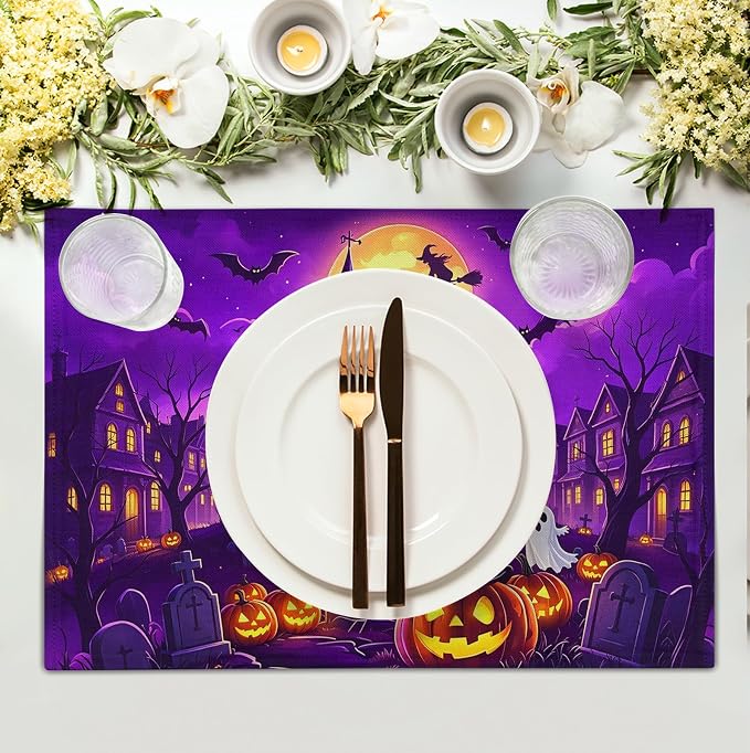 Purple Halloween Placemats Set of 4 Castle Witch Bats Pumpkin Spooky Place Mats Farmhouse Fall Holiday Table Mats for Party Kitchen Dining Outdoor Indoor Decor