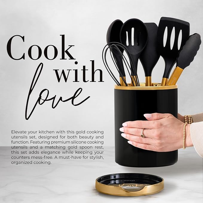 Styled Settings Black and Gold Kitchen Utensils Set with Holder, 8-Piece | Heat Resistant, Nonstick, Black Silicone Cooking Utensils Set, Ceramic Utensil Holder & Stackable Gold Spoon Rest