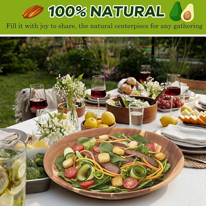 Geiserailie Extra Large 16 Inch Acacia Wood Salad Bowl Set Wooden Serving Bowl with Serving Utensils for Fruits, Pasta, Salad Farmhouse Kitchen for Housewarming Wedding Christmas Gift