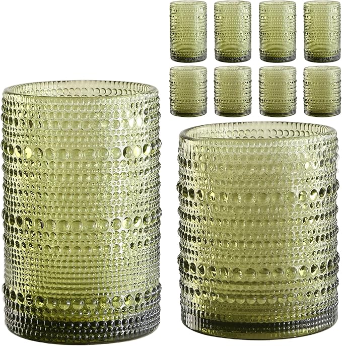 ZMOWIPDL 12oz & 15oz Hobnail Drinking Glasses,Green Glass Cups Set of 8 | Vintage Highball Glassware，Kitchen Drinkware，Embossed Water Tumbler,for Beer,Cocktail,Whiskey,Juice,Various Mixed Drinks