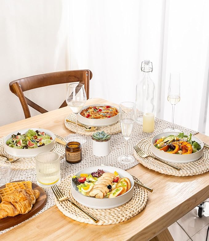 7.5" Ceramic Pasta Bowls Set of 4, Salad Bowls | Versatile Serving Bowls for Pasta, Salad, Fruit & Noodles, Housewarming & Wedding Gift, Reactive White