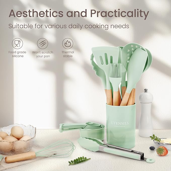 NCUE 6-Pcs Silicone Kitchen Utensils Set Wood Handle BPA-Free Food Grade (Light Green, 26 Piece)