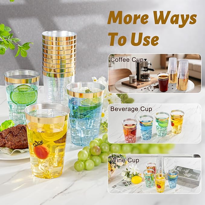 I00000 50 Pack 18 oz Gold Plastic Cups, Elegant Gold Rimmed Plastic Cups, Disposable Cocktail Glasses Wine Glasses, 18 oz Premium Tumblers Perfect for Birthday, Party & Wedding