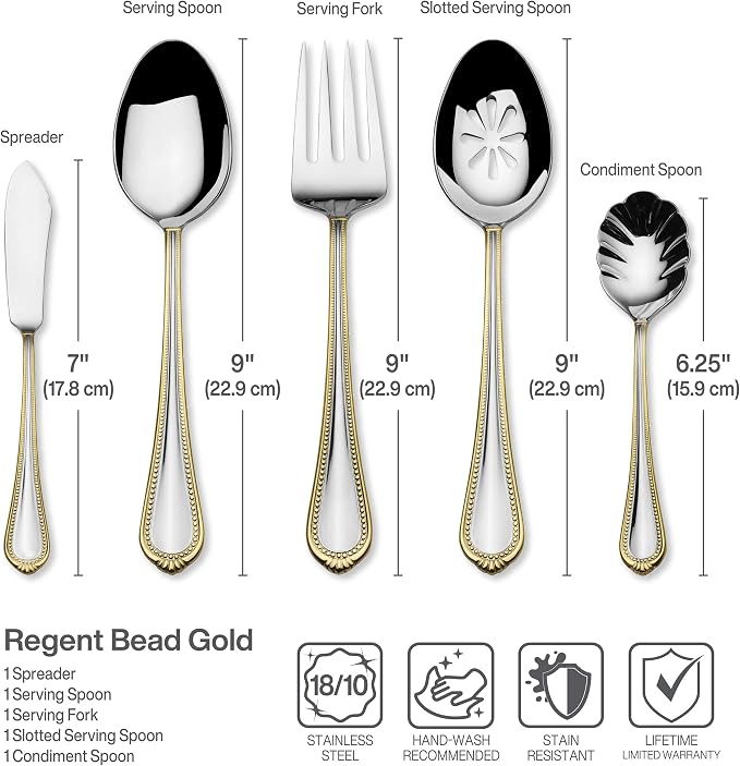 Mikasa, Gold Accent Regent Bead Flatware Service for 12, 65 Piece Set, 18/10 Stainless Steel, Silverware Set with Serving Utensils (Pack of 2)