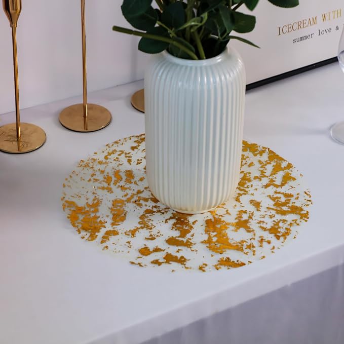 Snowkingdom Disposable Gold Placemats Set of 12 Metallic Round 13 Inch Foil Mesh Pressed Fall Table Mates 12 Pack Gold Doilies for Dining Table Wedding Birthday Party Holiday Home Decoration