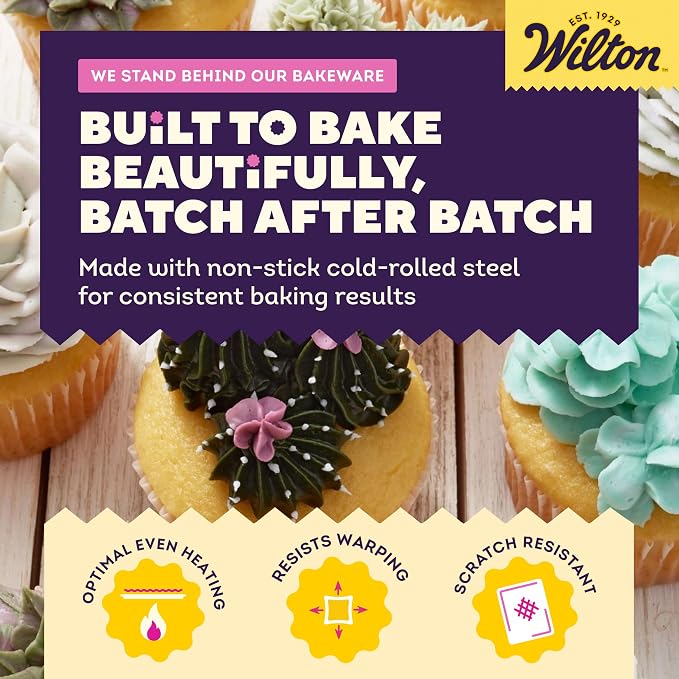 Wilton Gold Non-Stick Muffin Pan, Made Without PFAS, 12-Cup | Non-Stick Steel with Scratch-Resistant Coating, Resists Warping, Extended Handles, Dishwasher Safe, Perfect for Cupcakes