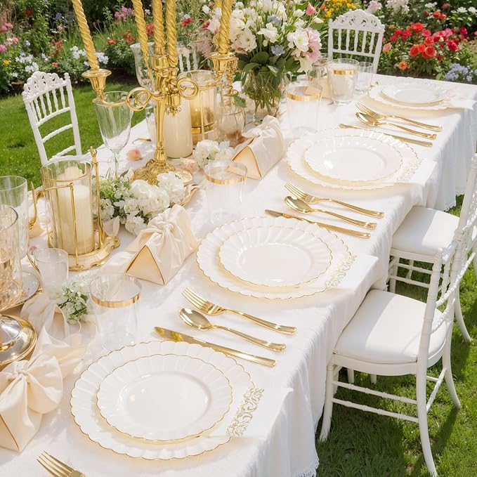 YOUBET 175PCS Ivory Scalloped Plastic Plates for Party Wedding | Ivory and Gold Disposable Dinnerware Set Include 50 Plates, 75 Gold Silverware, 25 Cups, 25 Napkins