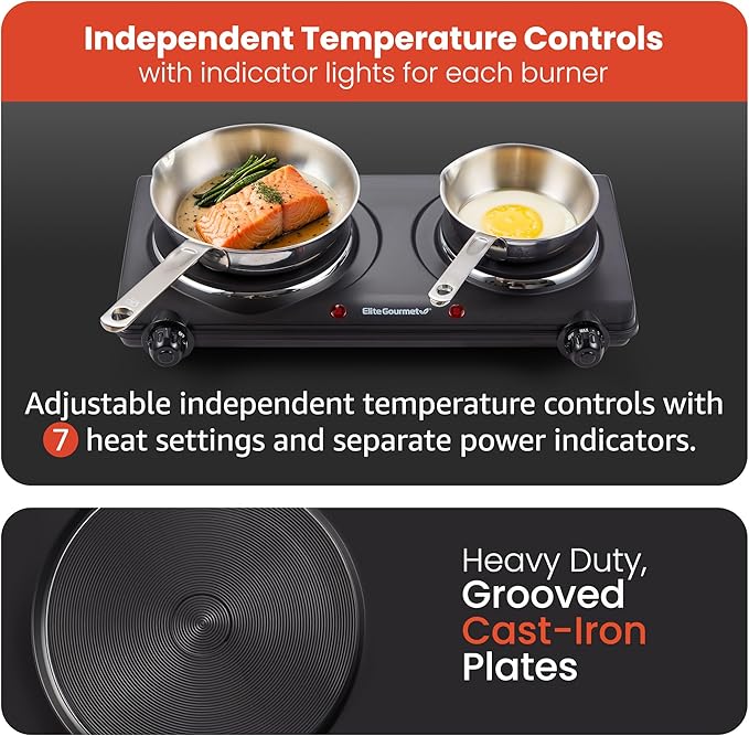 Elite Gourmet EDB-302BF# Double Cast Iron Burner, 1500W Hot Plate, Black | Adjustable temperature control, power indicator lights, easy-to-clean surface, countertop design