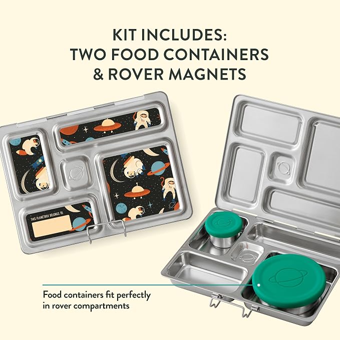 PlanetBox Rover Stainless Steel Bento Box Style Lunch Box Kit for Kids with 5 Compartments – Space Animals Edition includes Insulated Lunch Bag, Leakproof Food Containers and Matching Magnets