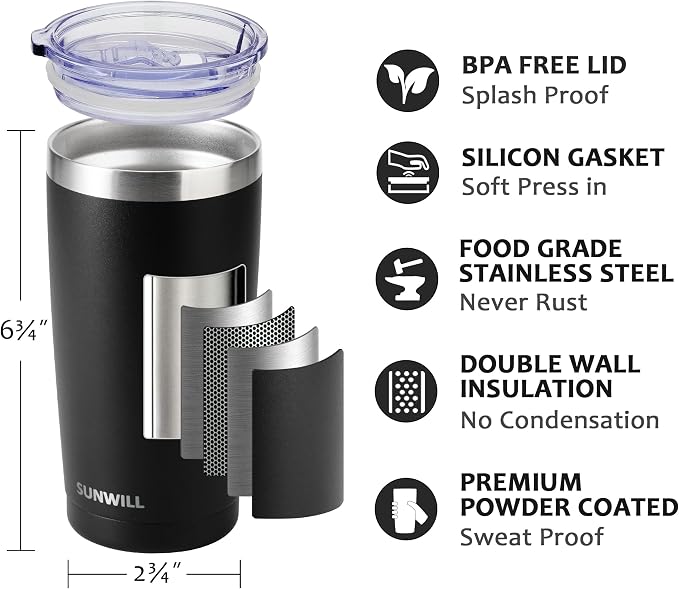 SUNWILL Travel Coffee Tumbler 20 oz, Insulated Mug with Lid, Stainless Steel Cup for Outdoor, Powder Coated Black