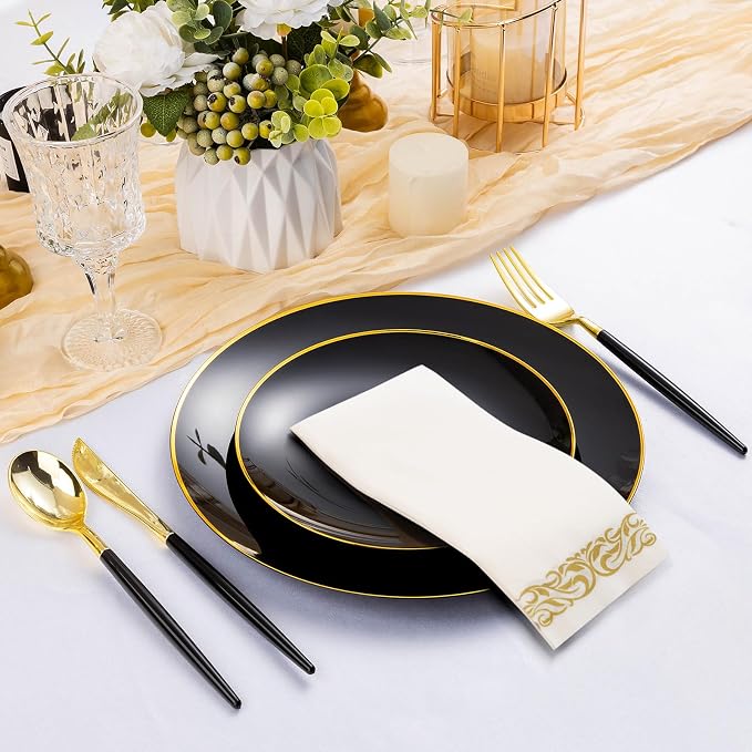 Bestluck 175PCS Black Plastic Dinnerware Set, Black Plastic Plates for 25 Guests, Include 50 Black Gold Plates with 75 Plastic Cutlery, 25 Napkins and 25 Cups