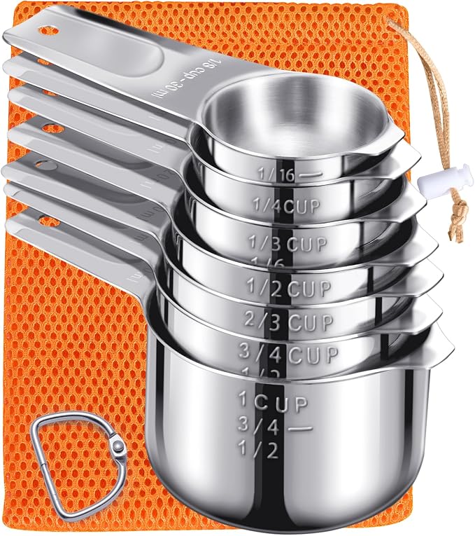 Measuring Cups Set, 7PCS Stainless Steel Engraved Markings Kitchen | 304 food-grade steel, dual-scale markings, one-piece construction, nesting storage, dishwasher safe, dry & liquid ingredients