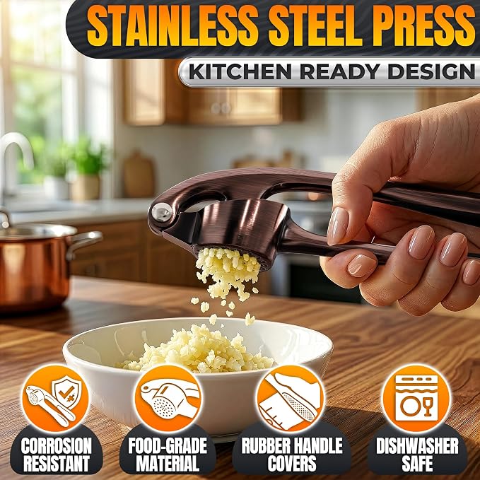 Stainless Steel Garlic Press Set, Peeler & Cleaning Brush, Copper | Ginger Mincer with 37 Built-In Studs for Maximum Extraction, Garlic Crusher for Ginger and Soft Nuts, Ergonomic Handle