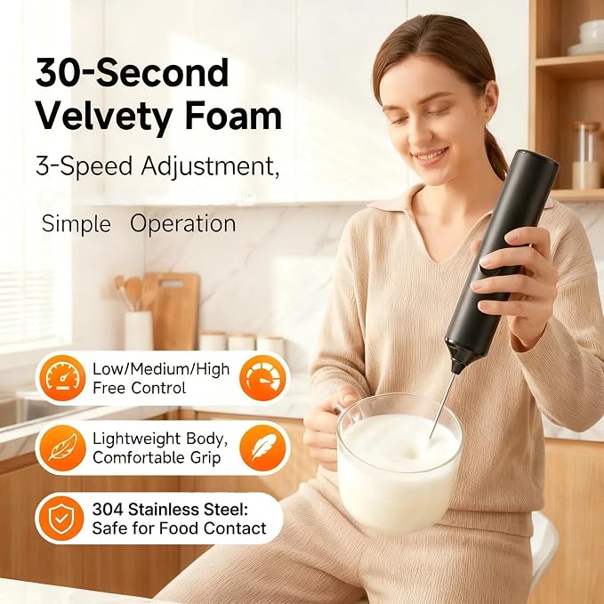 Rechargeable Handheld Milk Frother, USB-C Electric Mixer,5 Attachments | 3 Mixing Heads, 1Storage Box & 1 Stand, 3 Speed , low noise, for Coffee, Protein Shakes, Egg Whisk, Batter