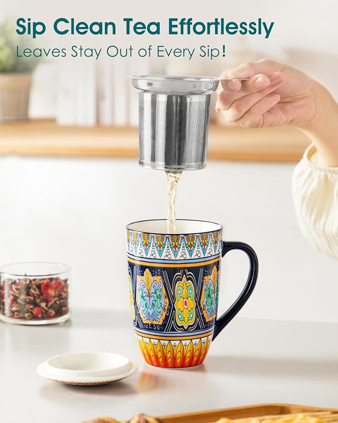 vancasso 18 Oz Tea Infuser Mug with Lid, Forest Daisy Drift | Eye-Catching Bohemian Pattern, Adds Charm to Any Tea Corner, Ceramic Mug with Infuser, Microwave and Dishwasher Safe
