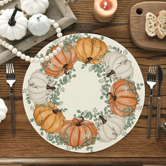 Artoid Mode Pumpkin Eucalyptus Round Fall Placemats Set of 4-14 Inch | Heat-Resistant, Washable Table Mats, Seasonal Autumn Kitchen Dining Decor