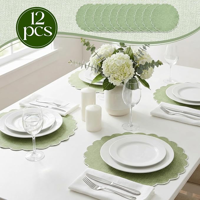 Set of 12 Sage Green Cotton Placemats 15" Round Scalloped White | Double Layered Cotton Fabric, Washable Embroidery, White Edge Edge, Rustic Table Mats for Wedding Dining Table Decor