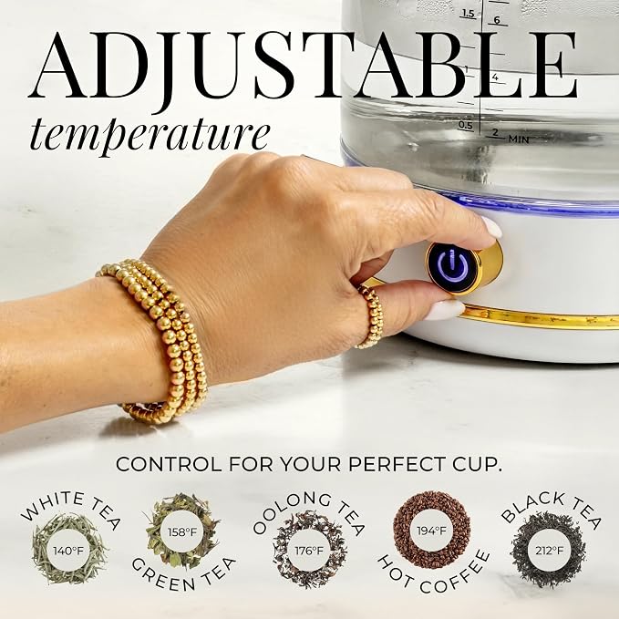 Styled Settings White Electric Kettle with Temperature Control | 1500W Fast Hot Water Boiler - White and Gold Electric Kettle with Keep Warm Function, BPA-Free Glass Body, Auto Shut-Off