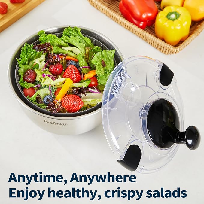 Stainless Steel Salad Spinner, 4.8 Qt Vegetable Washer, BPA-Free Lettuce Dryer with Crank Design, Easy Clean, Non-Slip Base - Transparent Lid