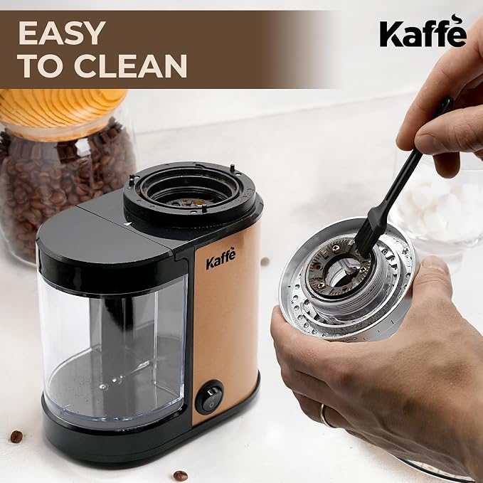Kaffe Electric Burr Coffee Grinder (5.5oz) w/Adjustable Precise Coarseness Settings - Flat Burr - [Improved Motor] - Precision Coffee Bean Grinder for Home Use - Copper