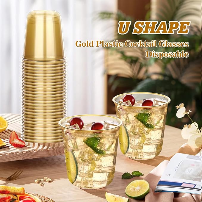 KesaPlan 50Pcs 12oz Gold Plastic Party Cups, Disposable Wine Cocktail Cups | Cute Crystal Wine Stemless Glasses, Round Bottom PET Cold Drink Cups for Graduation Wedding Birthday New Year Meeting Party