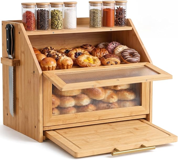 Bread Box for Kitchen Countertop & Cutting Board, 16" Large Bread Container | Bamboo Bread Box with Tool Holder & Cutting Board & Handle, 2-Tier Kitchen Organizer for Homemade Bread & Condiments, Natural