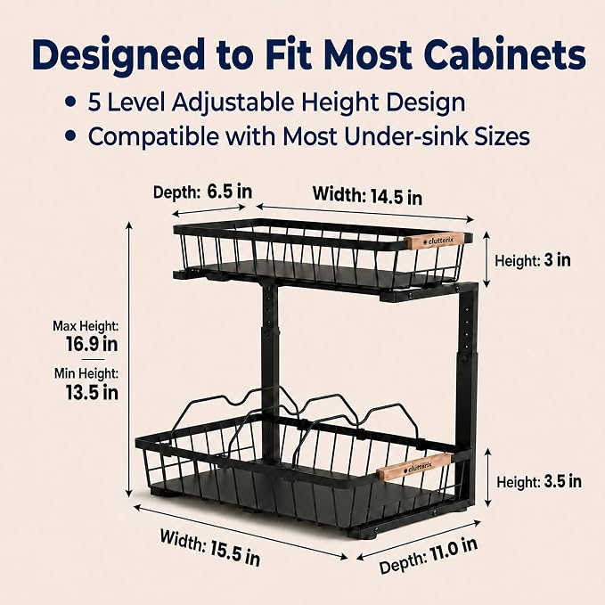 Under Sink Organizer with Motion-Activated LED Lights, 2 Pack, 2 Tier Sliding L-Shaped Carbon Steel Rack with Adjustable Height, Dividers & Hooks (Black)