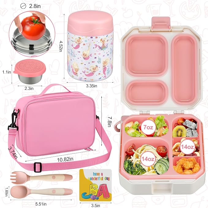 wiwens Bento Lunch Box for Kids with 12oz Soup Thermo Leak-Proof Lunch Food Container with 5 Compartment Thermo Hot Food Jar and Insulated Lunch Bag for Kid Toddler Girls Boys to School