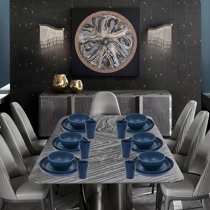 32PCS Blue Wheat Straw Dinnerware Sets for 8 Camper Plates | Unbreakable Midnight Blue Wheat straw Tableware Set,Lightweight Reusable Plastic Dishes for Camping,Party and Everyday Meals