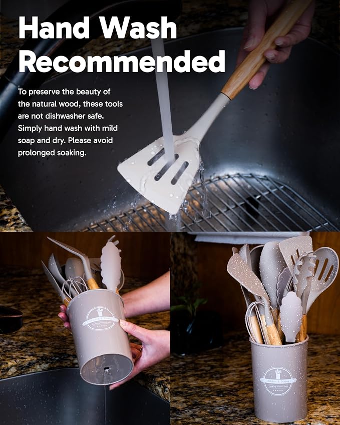 Dusico® Silicone Cooking Utensils Set of 12 Pcs with Wood Handles. Heat Resistant Kitchen Utensils for Nonstick Cookware, BPA Free Silicone Spatula Set & Cooking Spoons, Kitchen Gadgets (Beige)
