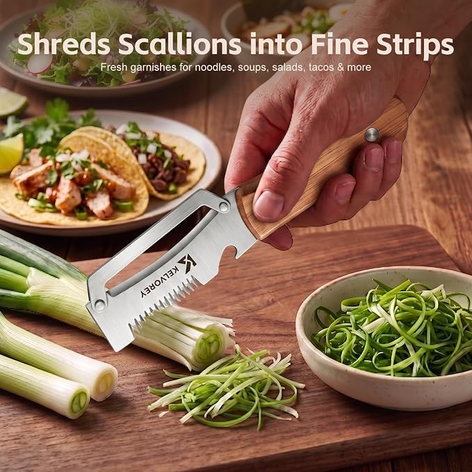 2027 NEW 3-in-1 Multifunctional Vegetable Peeler for Right Hand | Stainless Steel Peeler Knife with Scallion Shredder, Bottle Opener, Wood Handle for Fruits, Vegetables, Kitchen, BBQ, Camping