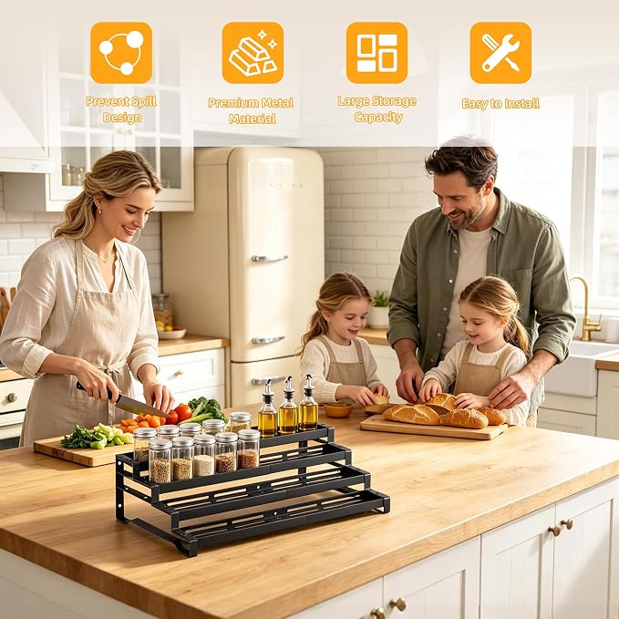Spice Rack Organizer for Cabinet, 13-21.5" Expandable Spicy Shelf | 11.6" Depth 4-Tier Black Metal Seasoning Organizer, Kitchen Spice Organization, Slip-Resistant Guardrails for Jars and Cans