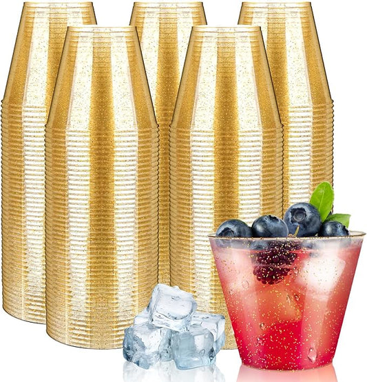Byvivace [200 Pack 9oz Plastic Cups with Gold Glitter Sturdy & Food Safe Plastic Wine Glasses Disposable Cups Party Wedding Cups Cocktail Glasses for Wine, Juice & Cold Beverages