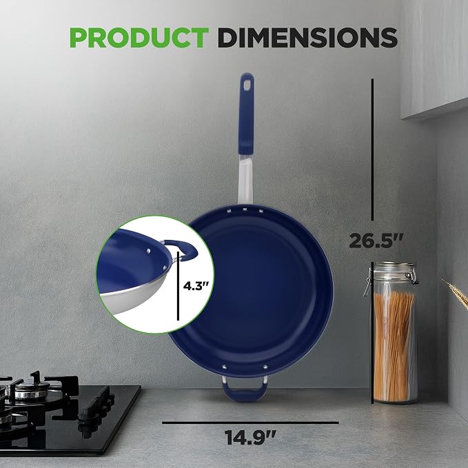 NutriChef 14" Fry Pan With Lid - Extra Large Skillet Nonstick Frying Pan with Silicone Handle, Ceramic Coating, Blue Silicone Handle, Stain-Resistant And Easy To Clean, Professional Home Cookware