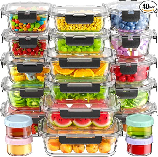Canfanni 40 Piece Glass Food Storage Containers with Airtight Lids | Borosilicate, BPA-Free, Stackable, Leak-Proof, Meal Prep, Microwave, Dishwasher, Freezer Safe (20 lids & 20 Containers)